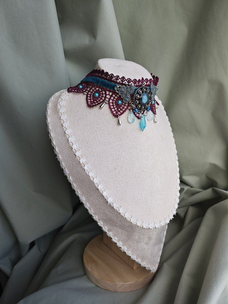 Celestial Tide handmade blue celestial lace choker with lace and repurposed elements