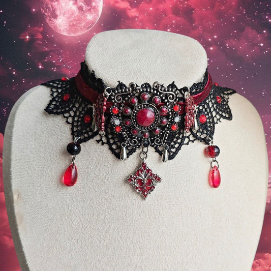 Venomous Kiss handmade black and red gothic lace choker