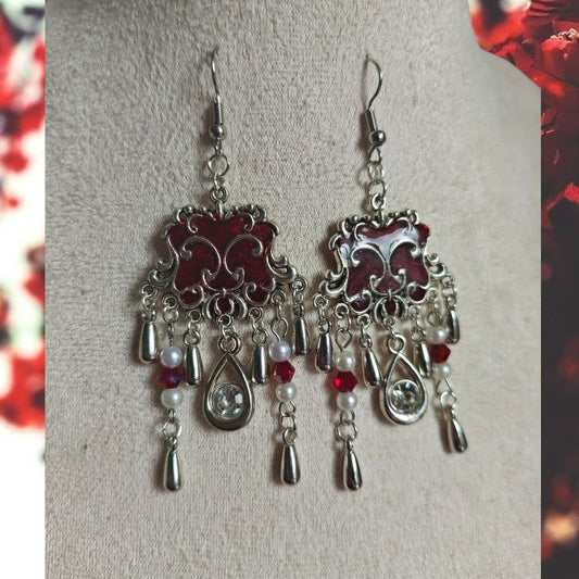 Scarlet Majesty handmade burgundy and silver gothic chandelier earrings