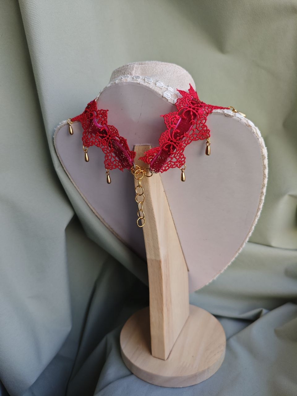 Scarlet Metamorphosis handmade red butterfly gothic choker with lace and repurposed elements