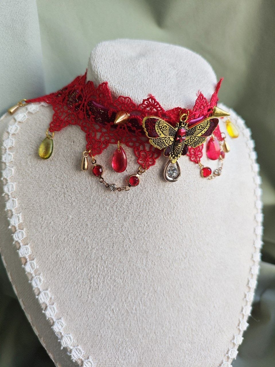 Close-up of Scarlet Metamorphosis handmade red butterfly gothic choker details