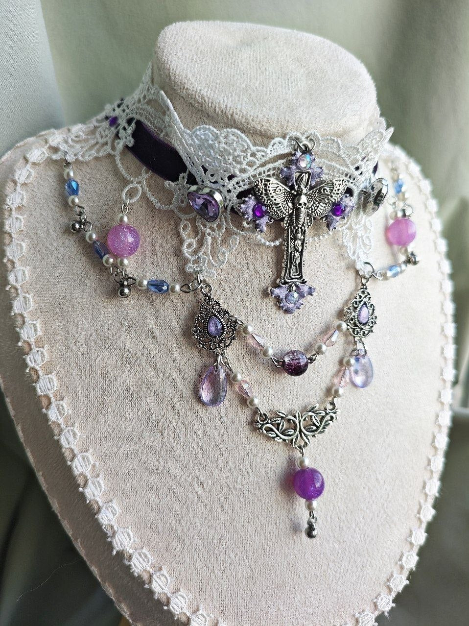 Close-up of Elysian Crypt handmade purple gothic lace choker details