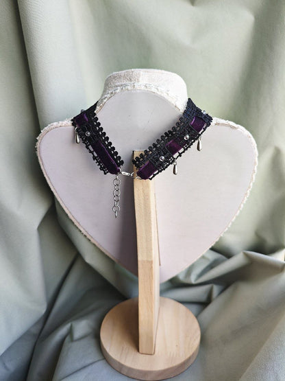 Violet Nebula handmade purple celestial lace choker with lace and repurposed elements
