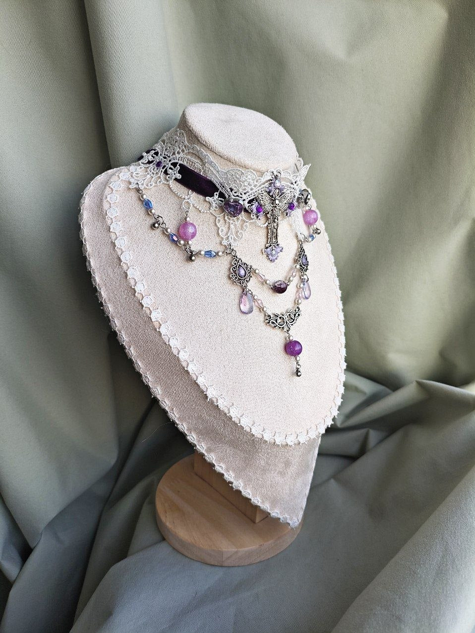Elysian Crypt handmade purple gothic lace choker with lace and repurposed elements