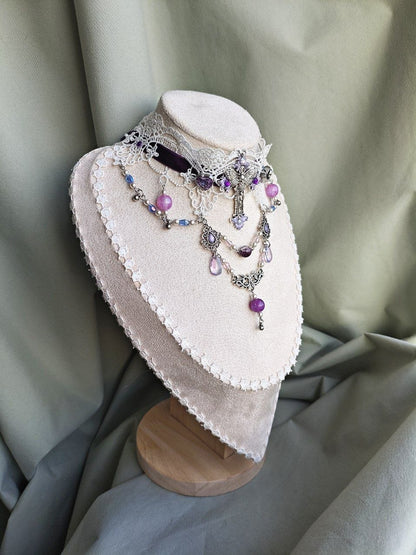Elysian Crypt handmade purple gothic lace choker with lace and repurposed elements