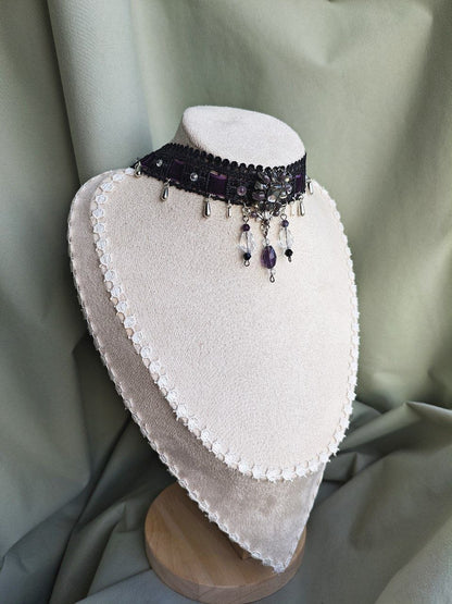 Violet Nebula handmade purple celestial lace choker styled as alternative fashion jewelry