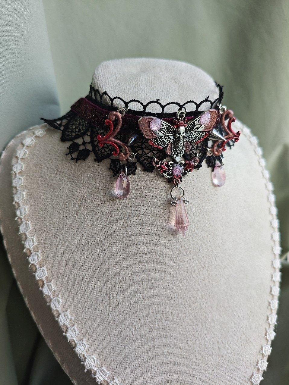 Close-up of Crimson Moth handmade gothic moth choker details
