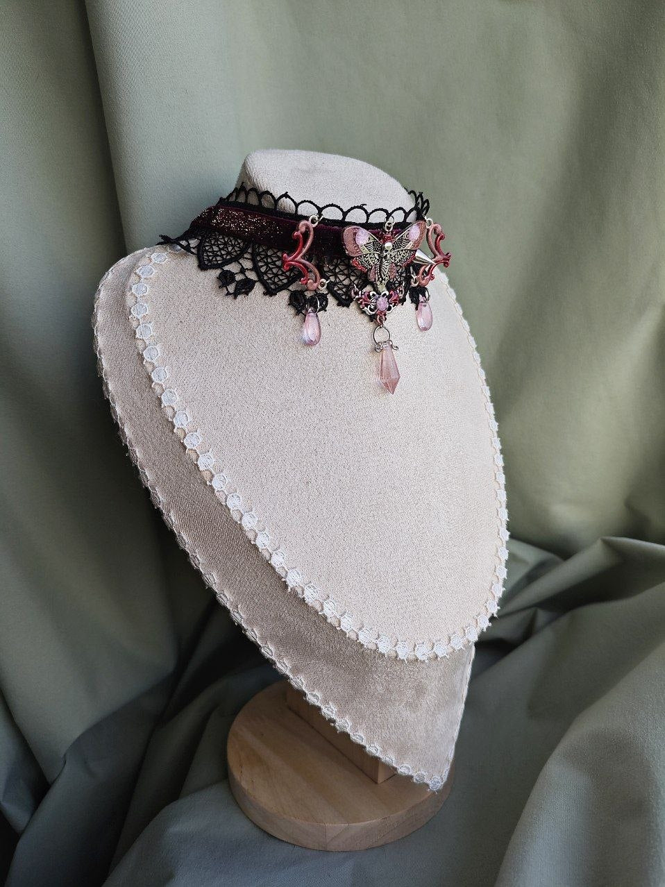 Crimson Moth handmade gothic moth choker with lace and repurposed elements