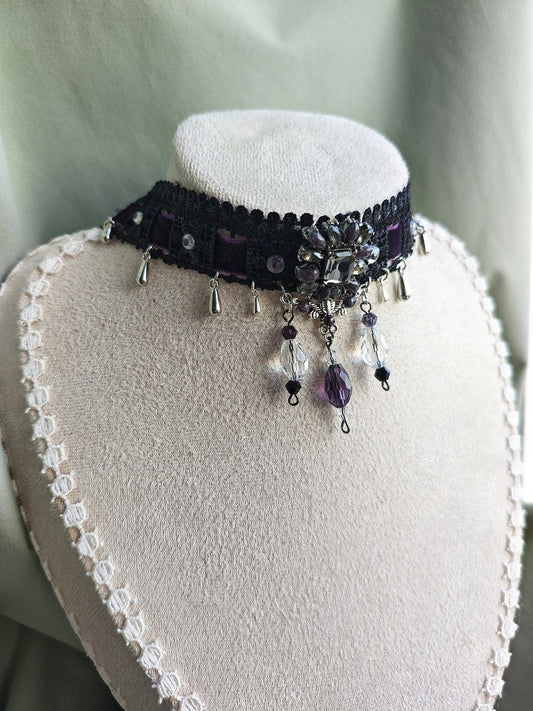 Close-up of Violet Nebula handmade purple celestial lace choker details