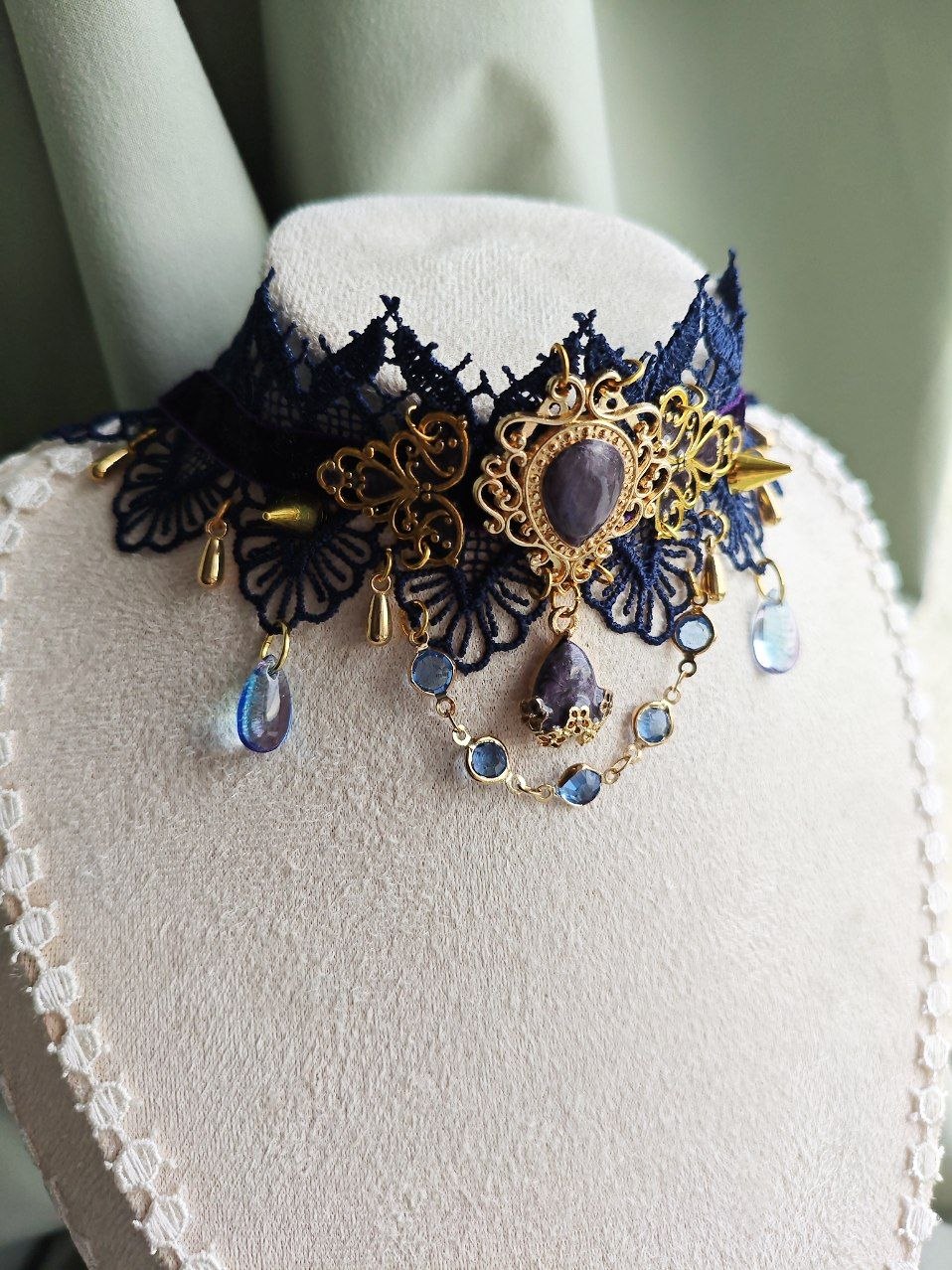 Close-up of Twilight Sovereign handmade romantic gothic lace choker details