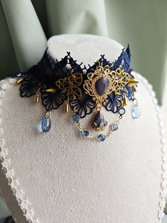 Close-up of Twilight Sovereign handmade romantic gothic lace choker details