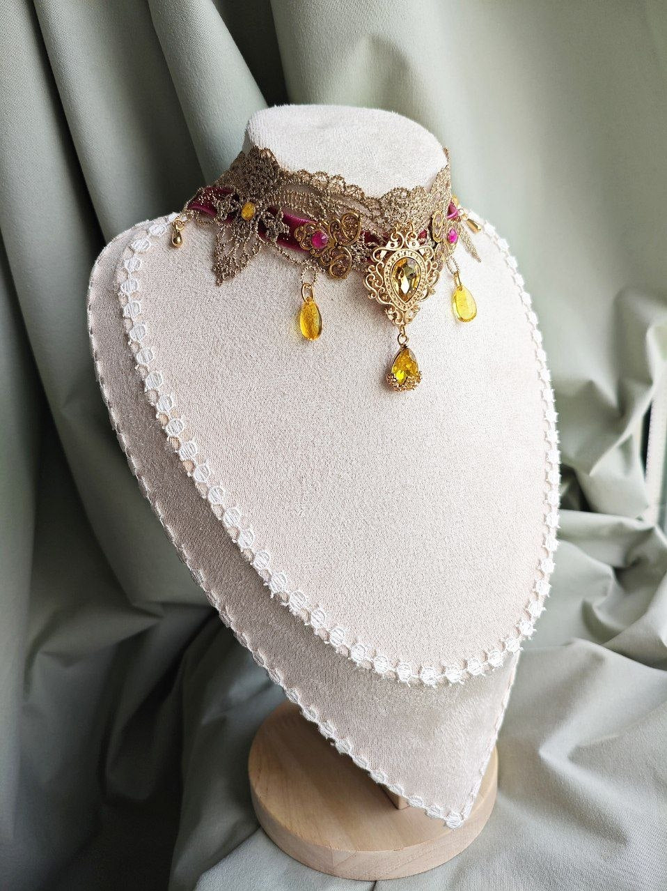 Solaris Gilded handmade gold and pink sun choker with lace and repurposed elements