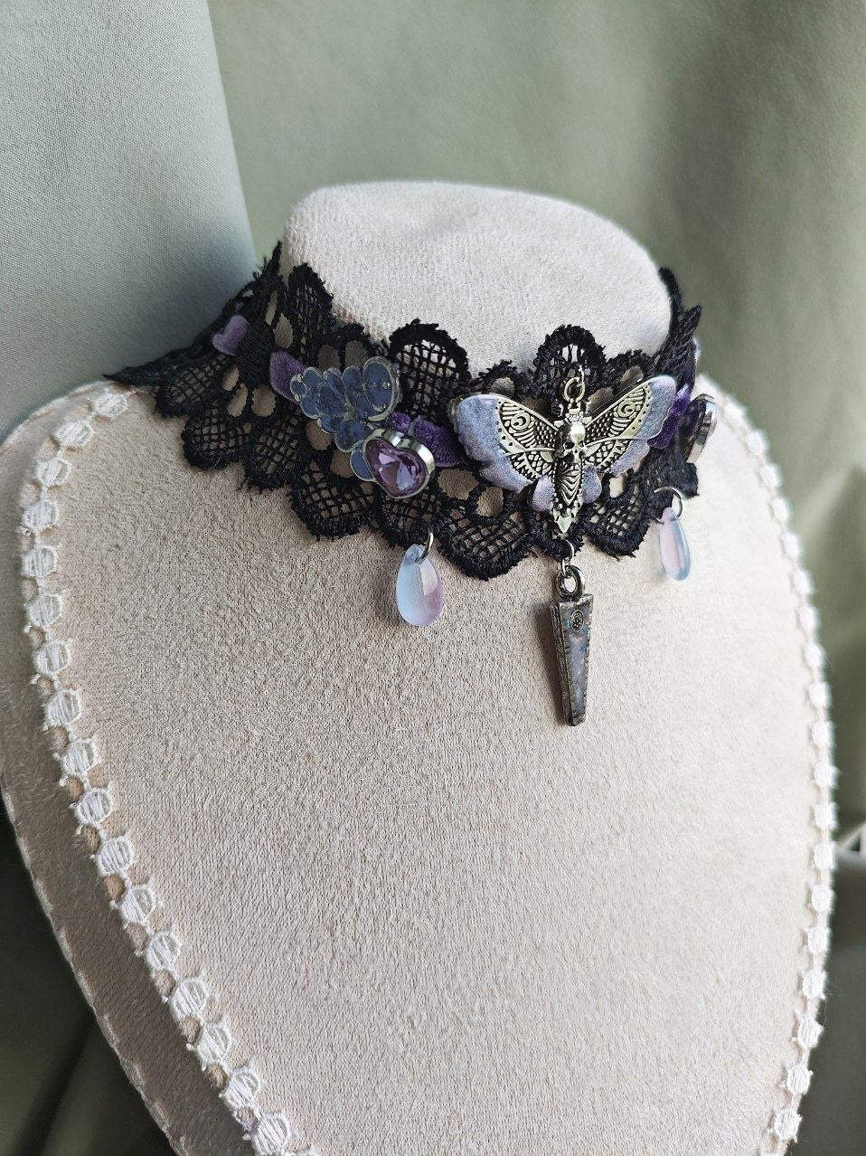 Close-up of Midnight Monarchy handmade purple and black butterfly gothic choker details