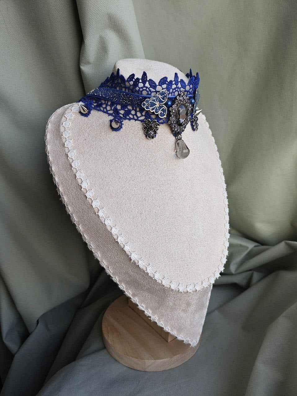 Cyber-Morpho handmade blue futuristic gothic choker with lace and repurposed elements