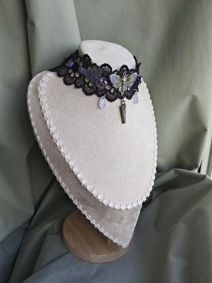 Midnight Monarchy handmade purple and black butterfly gothic choker with lace and repurposed elements