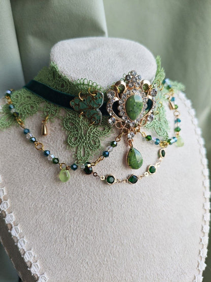 Absinthe Dream handmade green gothic lace choker with lace and repurposed elements