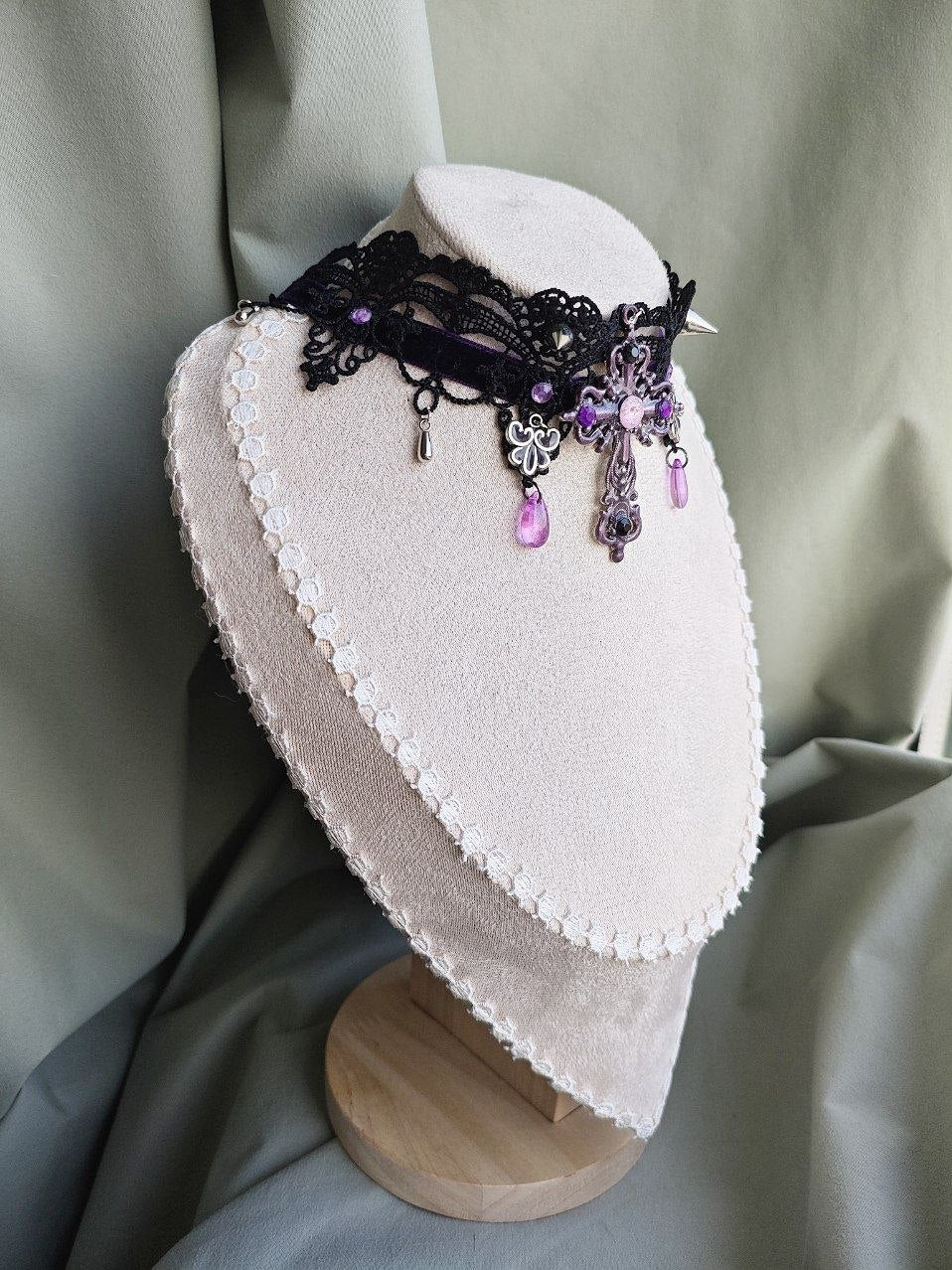 Lavender Nocturne handmade purple gothic lace choker with lace and repurposed elements