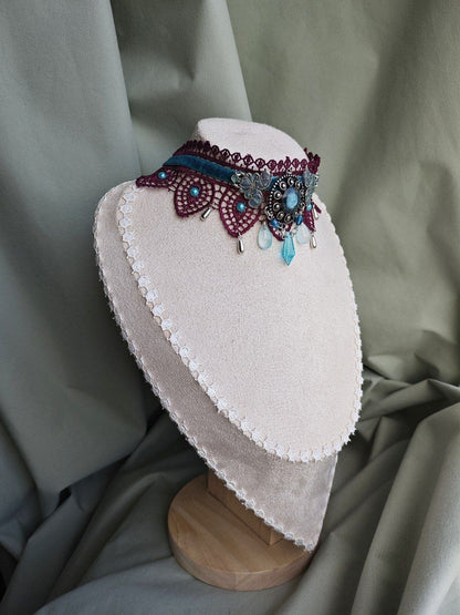 Celestial Tide handmade blue celestial lace choker with lace and repurposed elements
