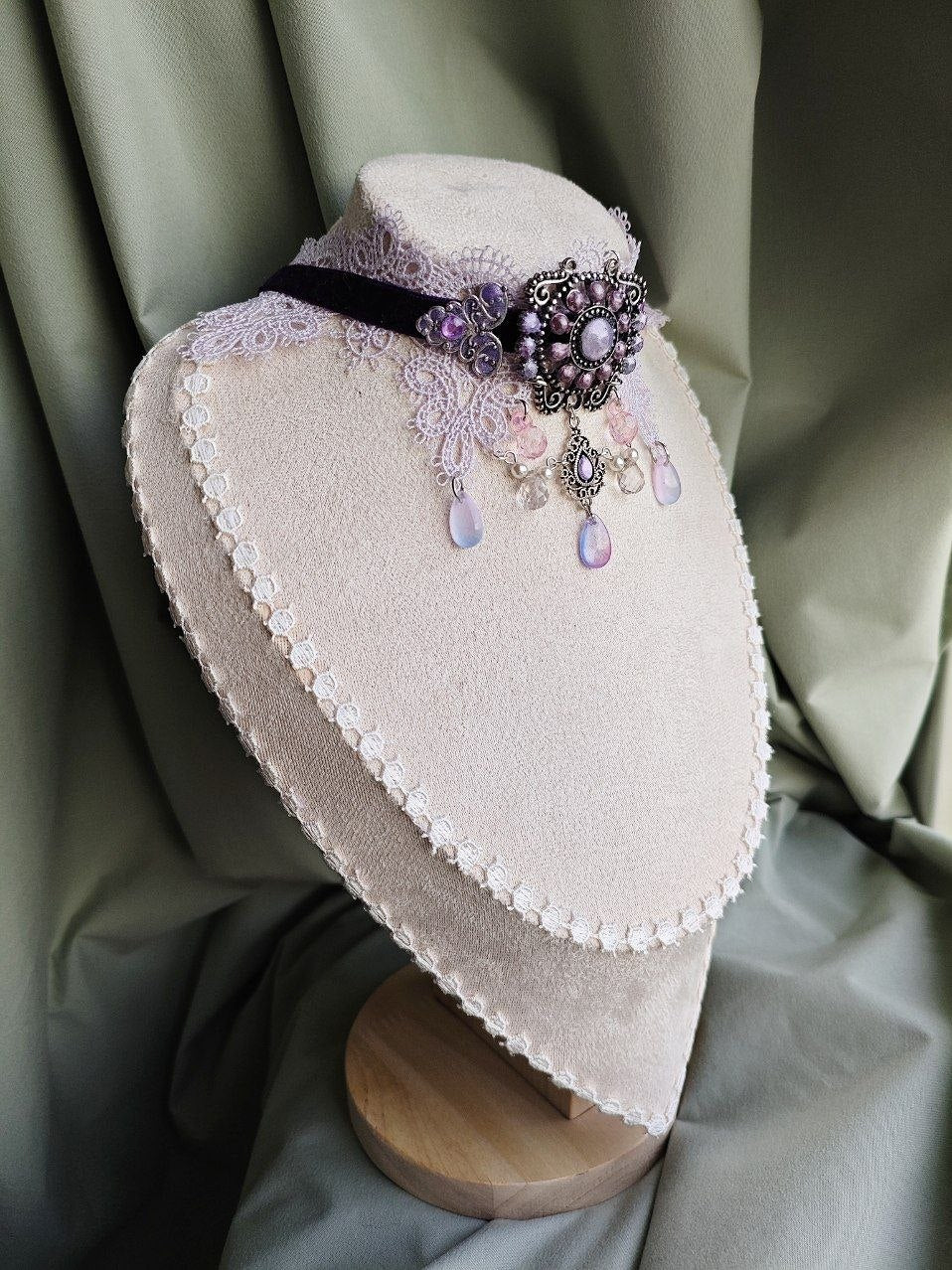 Amethyst Dream handmade purple gothic lace choker with lace and repurposed elements