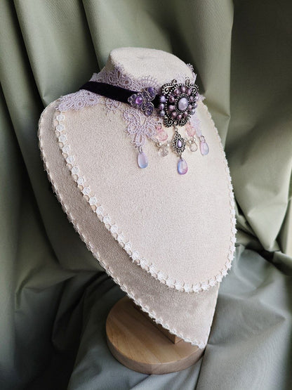 Amethyst Dream handmade purple gothic lace choker with lace and repurposed elements