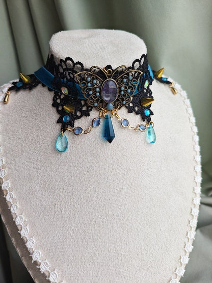 Close-up of Nightwing Monarch handmade black butterfly gothic choker details