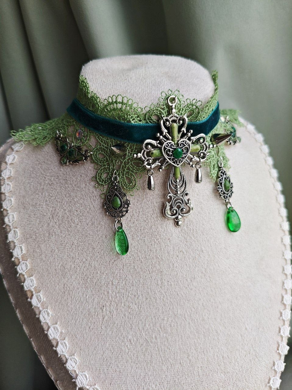 Close-up of Sylvan Grace handmade forest fairy lace choker details