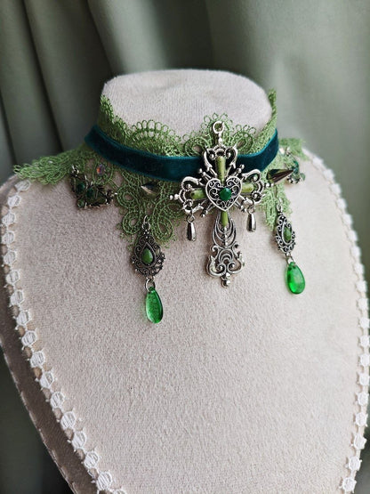 Close-up of Sylvan Grace handmade forest fairy lace choker details