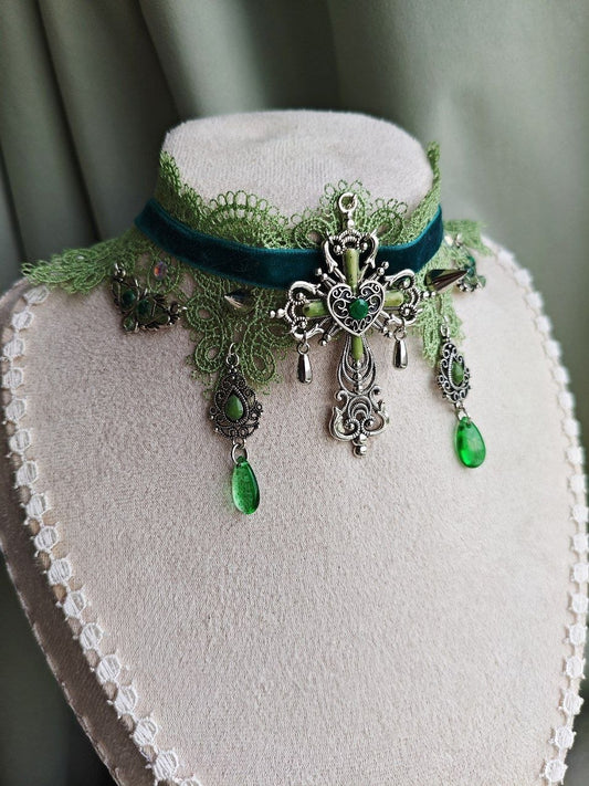 Close-up of Sylvan Grace handmade forest fairy lace choker details