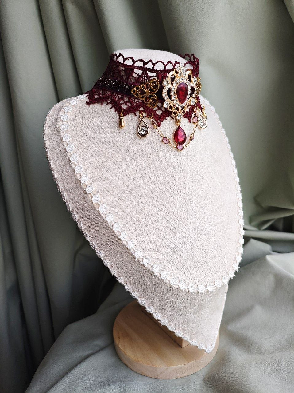 Ruby Sovereign handmade red gothic lace choker with lace and repurposed elements
