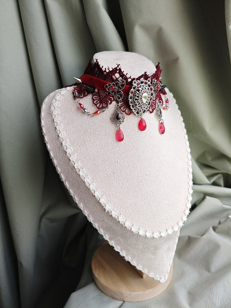Crimson Carnage handmade red and silver gothic statement choker with lace and repurposed elements