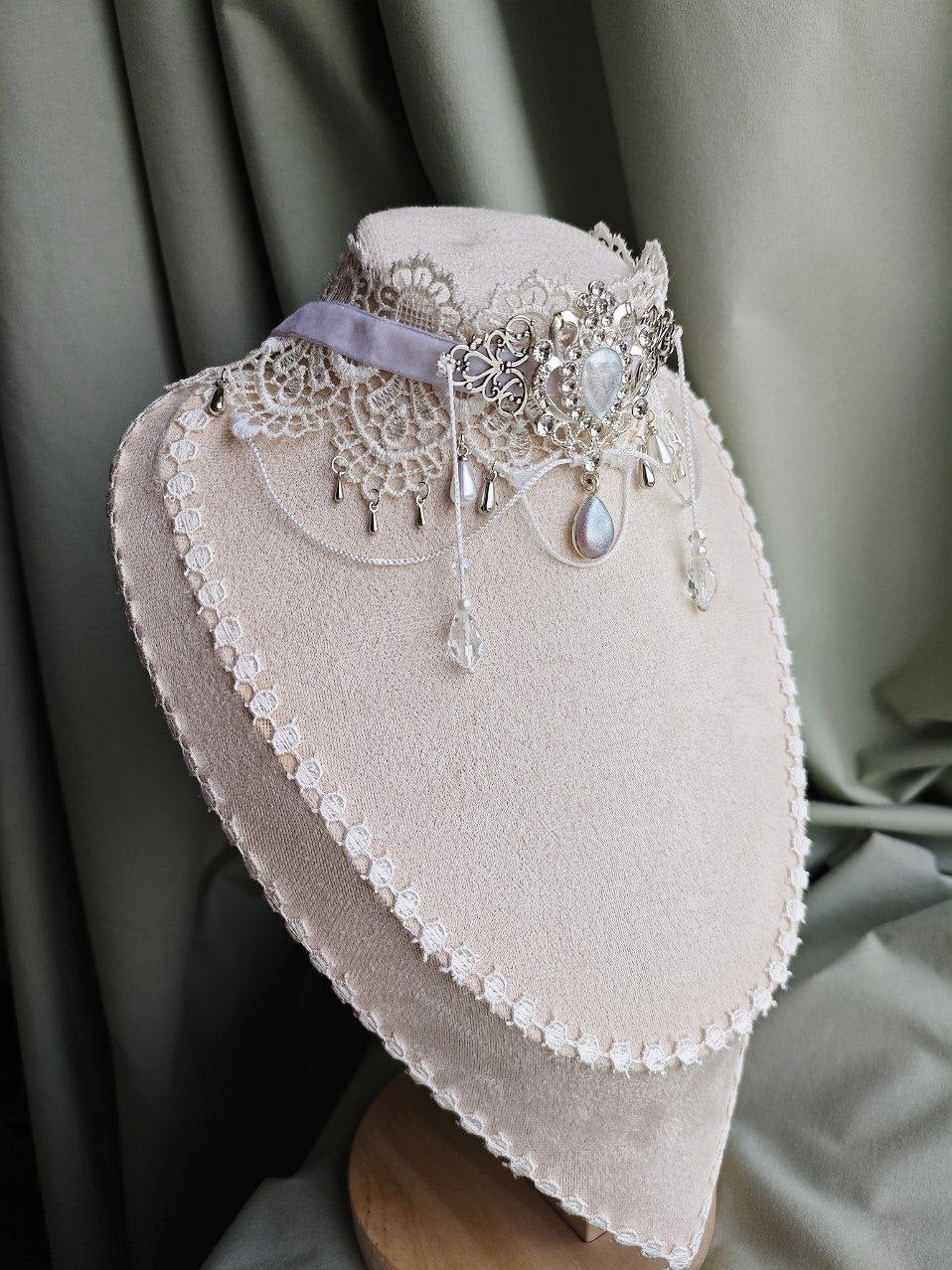 Lunar Silk handmade moonlit gothic lace choker styled as alternative fashion jewelry