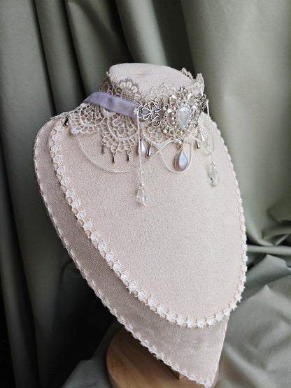 Lunar Silk handmade moonlit gothic lace choker styled as alternative fashion jewelry