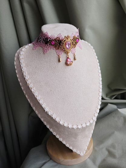 Amorette Luster handmade pink and gold romantic choker with lace and repurposed elements