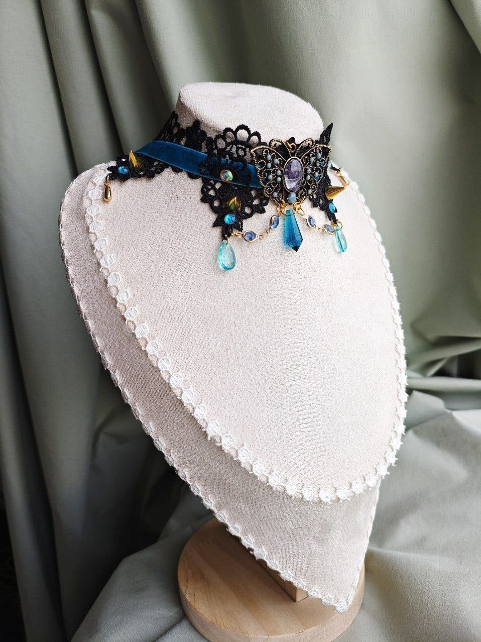 Nightwing Monarch handmade black butterfly gothic choker with lace and repurposed elements