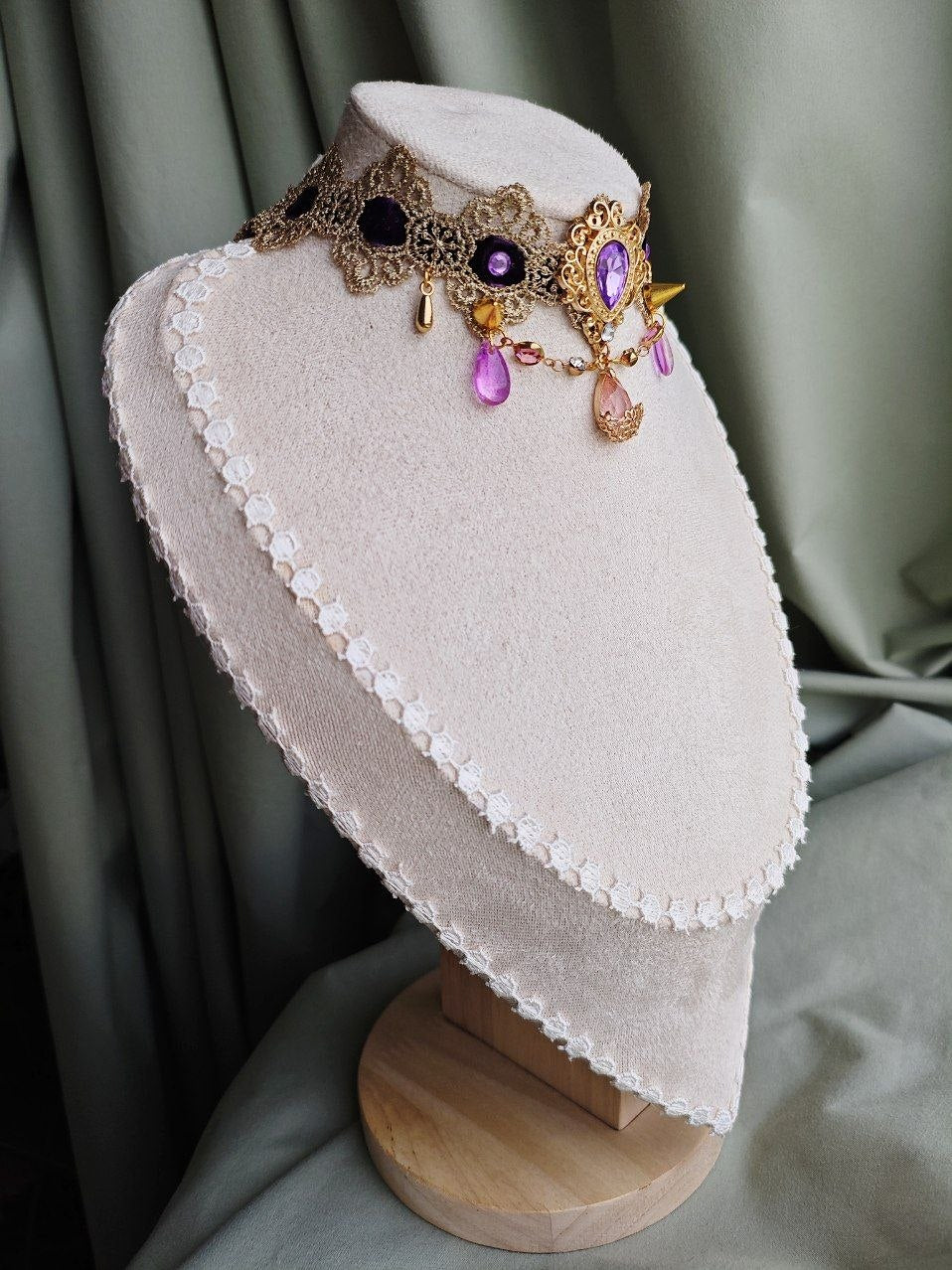 Golden Twilight handmade gold gothic lace choker with lace and repurposed elements