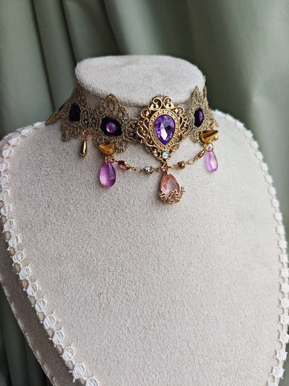 Close-up of Golden Twilight handmade gold gothic lace choker details