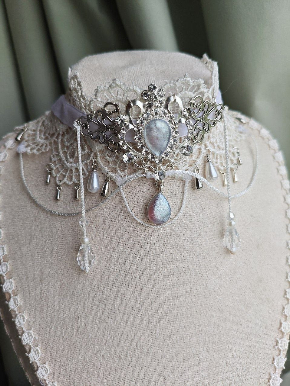 Close-up of Lunar Silk handmade moonlit gothic lace choker details