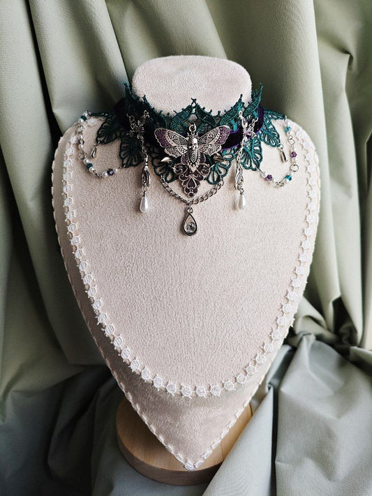 The Necromancer's Keepsake handmade purple and green witchcore choker