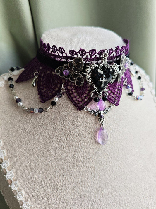Close-up of Midnight Devotion handmade black and purple gothic lace choker details