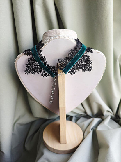 Abyssal Cross handmade black gothic lace choker with cross pendant styled as alternative fashion jewelry