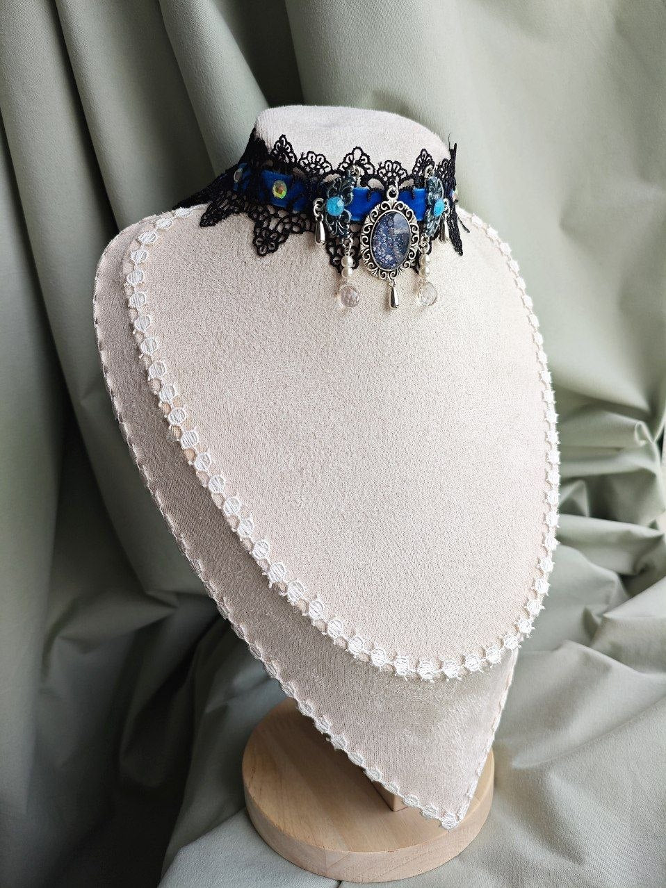 Celestial Requiem handmade blue and black celestial gothic choker with lace and repurposed elements