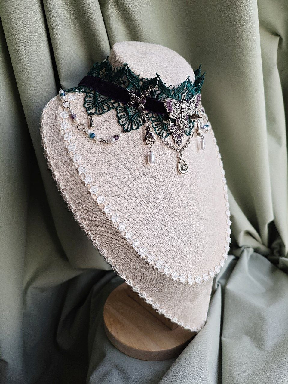 The Necromancer's Keepsake handmade purple and green witchcore choker with lace and repurposed elements