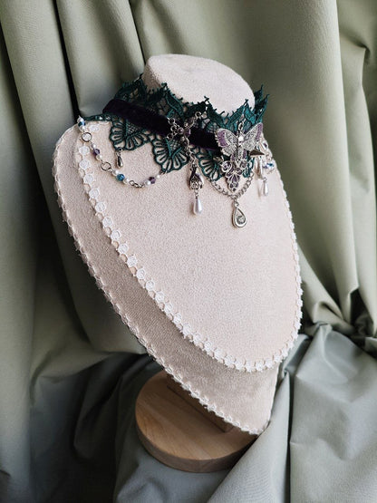 The Necromancer's Keepsake handmade purple and green witchcore choker with lace and repurposed elements