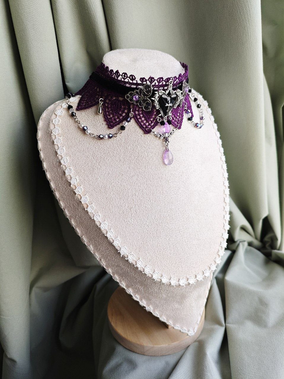 Midnight Devotion handmade black and purple gothic lace choker with lace and repurposed elements