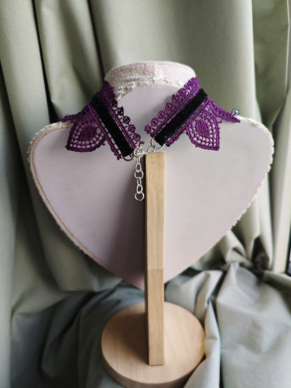Midnight Devotion handmade black and purple gothic lace choker styled as alternative fashion jewelry