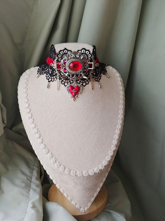 Midnight Martyr red and black gothic cross lace choker