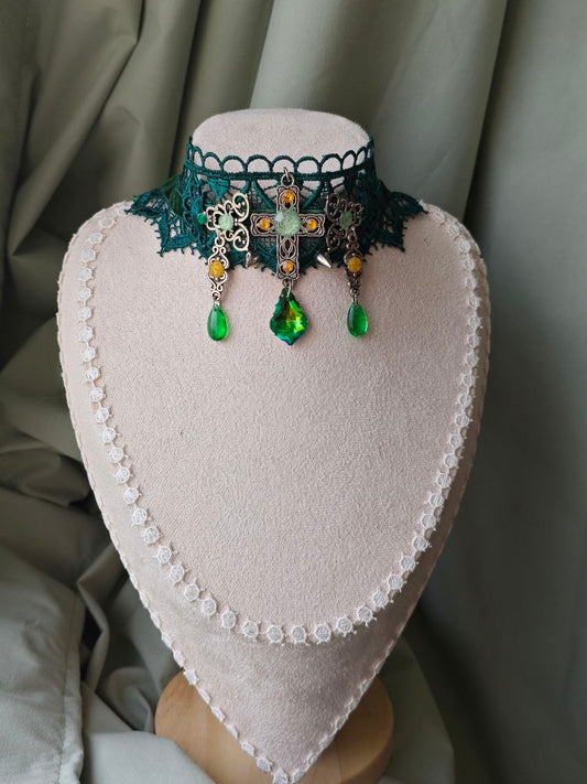 Golden Ivy Prayer green medieval lace choker with cross pendant