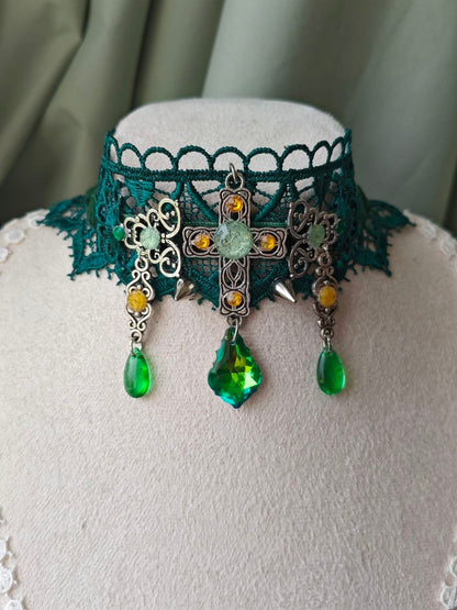 Close-up of Golden Ivy Prayer choker with green crystal drops