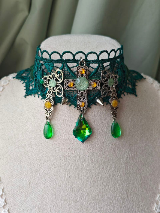 Close-up of Golden Ivy Prayer choker with green crystal drops