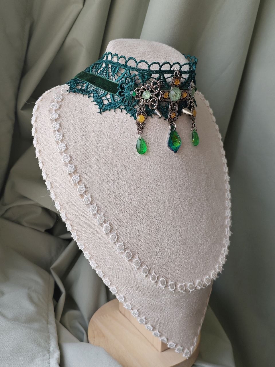 Handmade teal and gold medieval cross choker necklace detail